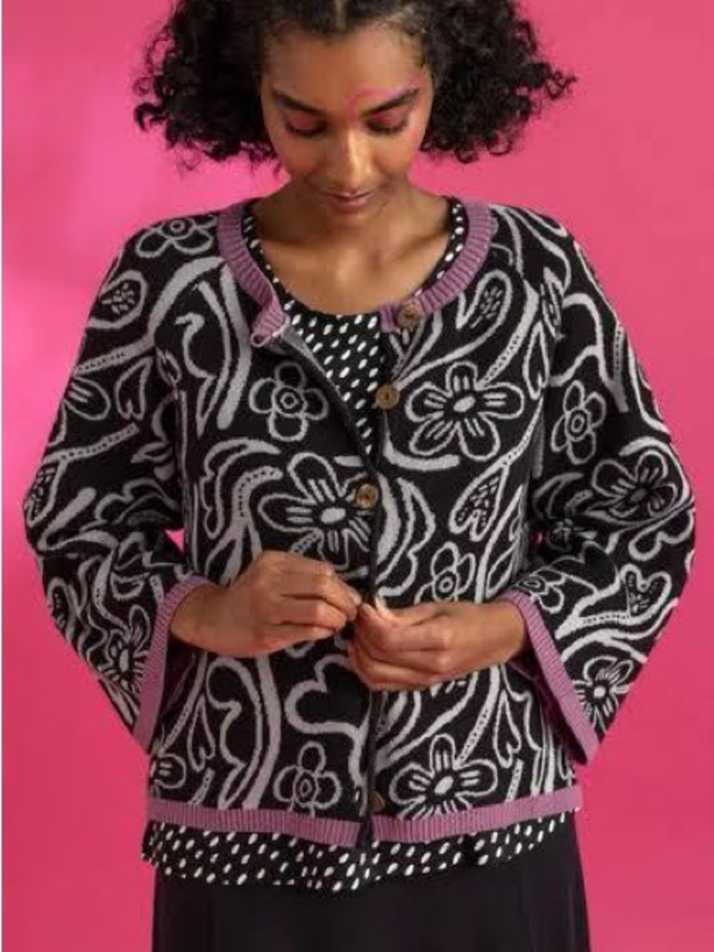 Gudrun Sjödén Brisa Floral Jacquard Recycled Cotton Cardigan Black Pink XL